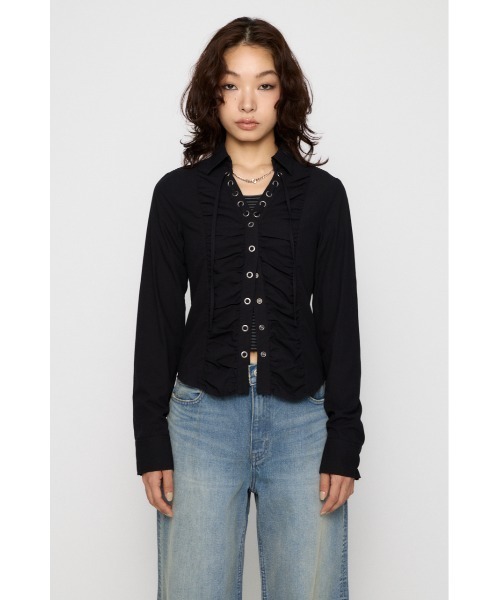 LAGUA GEM(ラグアジェム)の「V NECK GATHER シャツ(シャツ/ブラウス・レディース・オフホワイト/ブラック/カーキ・FREE)」の4枚目の写真