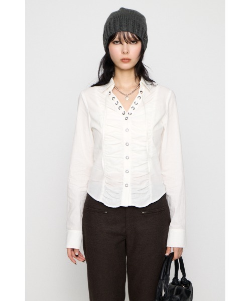 LAGUA GEM(ラグアジェム)の「V NECK GATHER シャツ(シャツ/ブラウス・レディース・オフホワイト/ブラック/カーキ・FREE)」の12枚目の写真