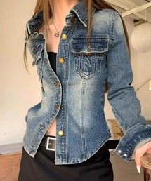 襟付きタイトデニムトップス
