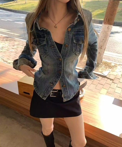 Aelina(エリナ)の「襟付きタイトデニムトップス(デニムジャケット・レディース・ブルー・M/S/L)」の18枚目の写真
