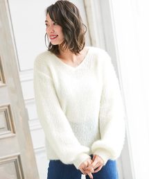 バルーンスリーブVネックモヘアタッチニットトップス＊レディース/セーター[C3573]神戸レタス