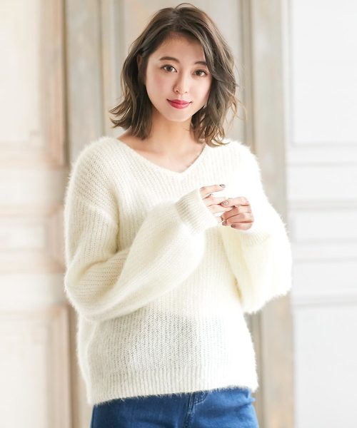 KOBE LETTUCE（コウベレタス）の「バルーンスリーブVネックモヘアタッチニットトップス＊レディース/セーター[C3573]神戸レタス（ニット/セーター・レディース・ベージュ/オフホワイト/ラベンダー・FREE）」の6枚目の写真