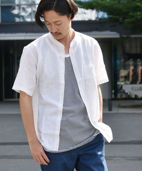 SHIPS(シップス)の「SC: COOLMAX(R) リネン バンドカラー ショートスリーブ シャツ(シャツ/ブラウス・メンズ・ホワイト/ブラック/ブルー・SMALL/MEDIUM/LARGE/X-LARGE)」の1枚目の写真