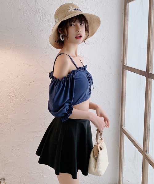 水着レディース オフショルダー2WAYバックフリルビキニ+スカート 2点