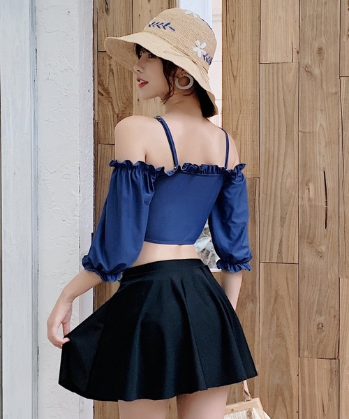 水着レディース オフショルダー2WAYバックフリルビキニ+スカート 2点