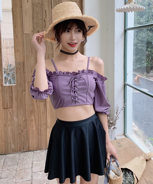 水着レディース オフショルダー2WAYバックフリルビキニ+スカート 2点