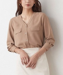 ノーカラー ブラウス フェイクポケット 上品