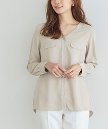 ノーカラー ブラウス フェイクポケット 上品