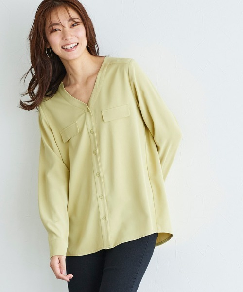 Pierrot（ピエロ）の「ノーカラー ブラウス フェイクポケット 上品（シャツ/ブラウス・レディース・ブルーパープル/グレイッシュベージュ/ライトグリーン/アイボリー/ネイビー/ブルー系その他/ベージュ/ピンクベージュ/ライトベージュ/モカ/イエロー・L/M）」の10枚目の写真