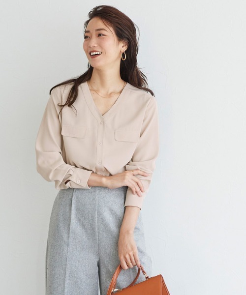 ブラウス シャツ フェイクポケットシャツ レディース メンズ ノーカラー ブラウス フェイクポケット 上品（シャツ/ブラウス