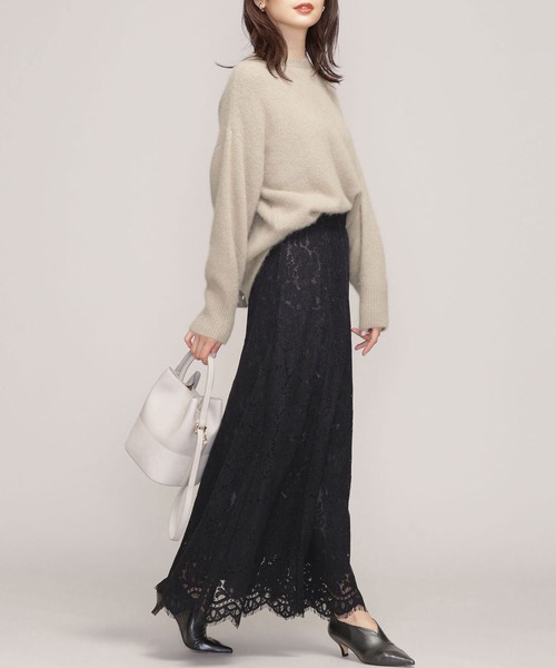 ナノユニバース フロッキーレースフレアスカート ロングスカート ブラウン J-2