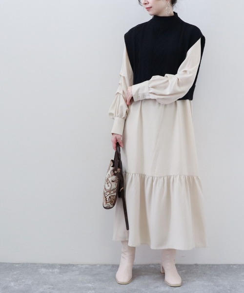 archives（アルシーヴ）の「ニットベスト×ティアードワンピースSET（ワンピース・レディース・ベージュ/モカ/グレイッシュベージュ・MEDIUM）」の15枚目の写真