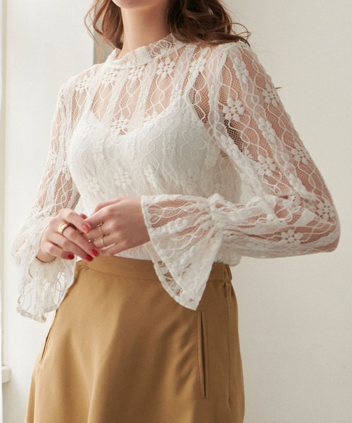 PURIL（ピュリル）の「【PURIL】スタンドカラー レース ボリュームスリーブ ブラウス（シャツ/ブラウス・レディース・ホワイト/ブラック/アイボリー・S/M）」の2枚目の写真