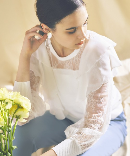 【セール】洗える ｜ レース切替シフォンフリルニット ｜ クルーネック トップス 長袖 ベーシック シンプル レース シフォン（Tシャツ/カットソー）｜RUIRUE BOUTIQUE（ルイルエブティック）