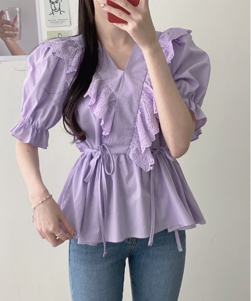 MAISON DE THERESE（メゾン ド テレーズ）の「Vネックシャツ（シャツ/ブラウス・レディース・ホワイト/パープル・M/S）」の4枚目の写真