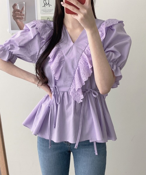 MAISON DE THERESE（メゾン ド テレーズ）の「Vネックシャツ（シャツ/ブラウス・レディース・ホワイト/パープル・M/S）」の3枚目の写真