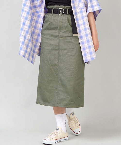 SPINNS（スピンズ）の「ベルト付 ツイルロングスカート（スカート・レディース・ブラック/グリーン/ベージュ/アイボリー・ONESIZE）」の4枚目の写真