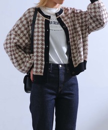 ハウンドトゥース柄ジャガードニットカーディガン