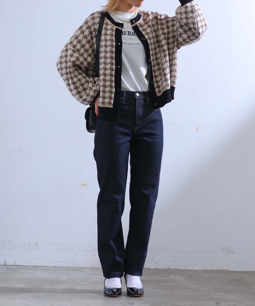 sara&cake(サラアンドケイク)の「ハウンドトゥース柄ジャガードニットカーディガン(カーディガン/ボレロ・レディース・グリーン/アイボリー・FREE)」の6枚目の写真