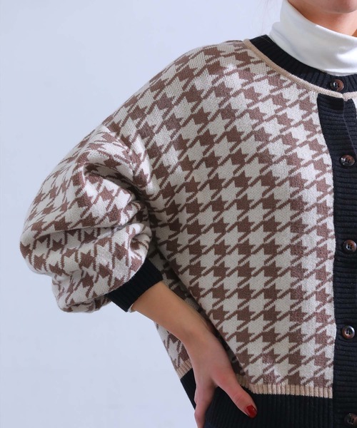 sara&cake(サラアンドケイク)の「ハウンドトゥース柄ジャガードニットカーディガン(カーディガン/ボレロ・レディース・グリーン/アイボリー・FREE)」の3枚目の写真