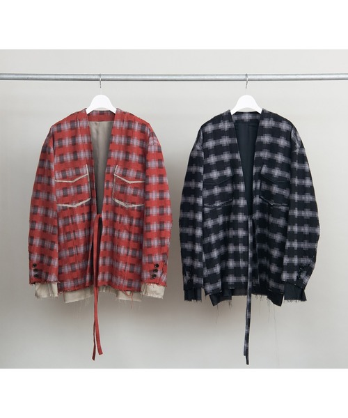 DISCOVERED（ディスカバード）の「DISCOVERED ディスカバード / CHECK SAMUE JACKET オンブレーチェック作務衣ジャケット / DC-AW22-JK-02（カバーオール・メンズ・レッド系その他/ブラック系その他・3/1）」の2枚目の写真