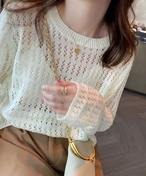 ANOTHER S(アナザーエス)の「透かし編みメッシュニット(Tシャツ/カットソー・レディース・ホワイト/ブラック/ベージュ/ブラウン/グレイッシュベージュ・FREE)」の10枚目の写真
