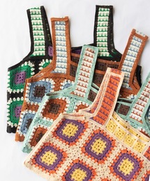 【 4色展開 】パッチワーククロシェ編みショートビスチェ