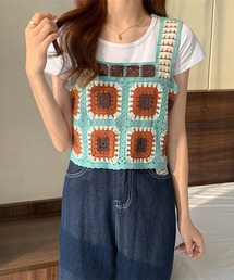 【 4色展開 】パッチワーククロシェ編みショートビスチェ