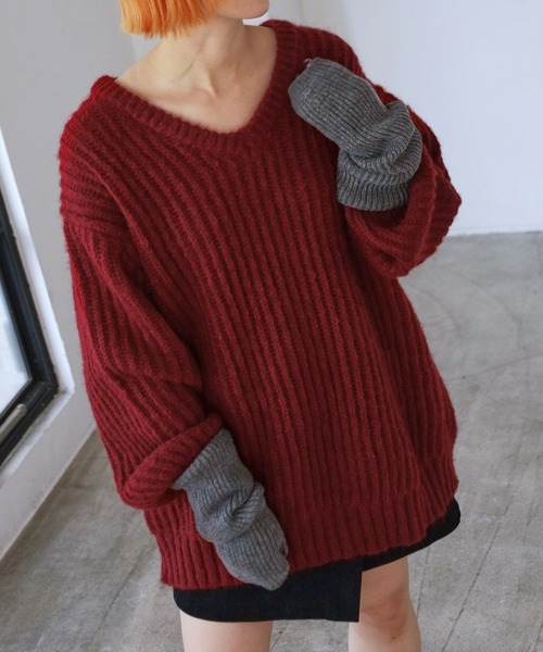 PBLIM（ページボーイリム）の「PAGEBOYLIM/ザックリVニット（ニット/セーター・レディース・ブラック/レッド/ブルー・FREE）」の14枚目の写真