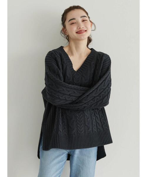 AMERICAN HOLIC（アメリカンホリック）の「ざっくりＶネックケーブルニットプルオーバー（ニット/セーター・レディース・ピンク/ライトグレー系2/アイボリー/ネイビー/サックスブルー・M/L）」の8枚目の写真