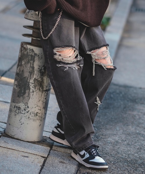 improves(インプローブス)の「ダメージ加工 ワイド デニムパンツ(デニムパンツ・メンズ・ブラック/ブルー・MEDIUM/LARGE)」の2枚目の写真