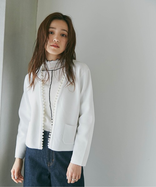 NANO universe（ナノユニバース）の「LB.04/WEB限定 パール付ライトスポンディッシュポケットカーデ（カーディガン/ボレロ・レディース・ブラック/ベージュ/ネイビー/ホワイト/サックスブルー・FREE）」の8枚目の写真