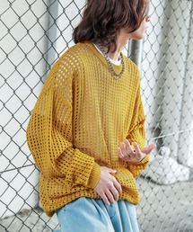 オーバーサイズ透け編みメッシュニットプルオーバー