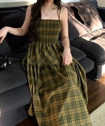 チェック柄シャーリングキャミワンピース