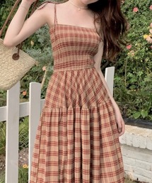チェック柄シャーリングキャミワンピース