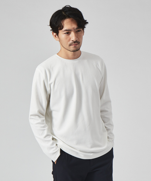 ABAHOUSE GRAY（アバハウスグレイ）の「【チェック柄】ジャガード クルーネック 長袖 Tシャツ（Tシャツ/カットソー・メンズ・グレイッシュベージュ/ホワイト/グリーン/ブラック・46/48）」の2枚目の写真