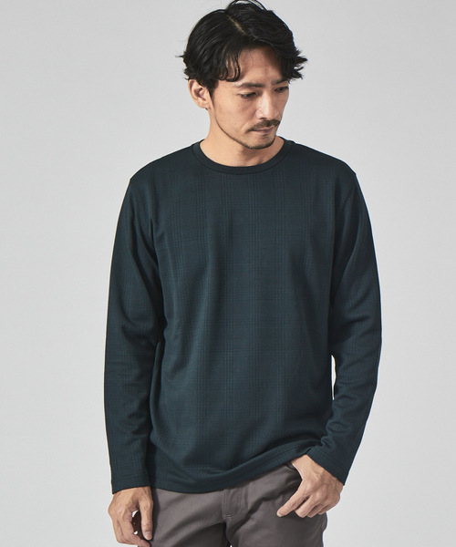 ABAHOUSE GRAY（アバハウスグレイ）の「【チェック柄】ジャガード クルーネック 長袖 Tシャツ（Tシャツ/カットソー・メンズ・グレイッシュベージュ/ホワイト/グリーン/ブラック・46/48）」の4枚目の写真