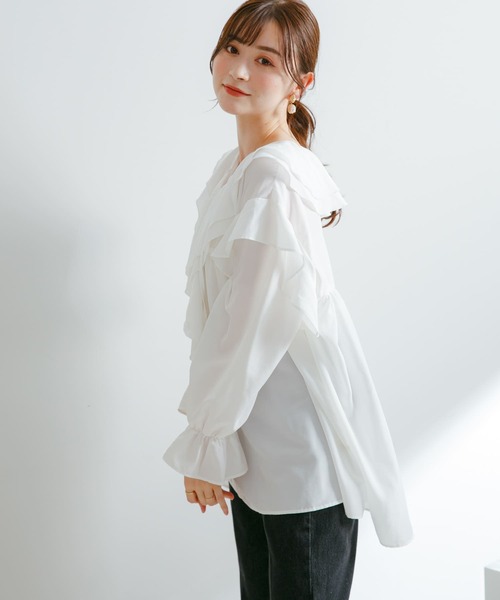 HEYUMM（ヘユム）の「ラッフルフリルブラウス（シャツ/ブラウス・レディース・ブラック/ライトブルー/オフホワイト・ONE）」の8枚目の写真