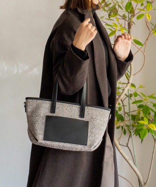 ポシェット付き2wayツイードトートバッグ