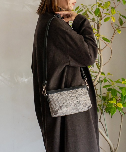ポシェット付き2wayツイードトートバッグ