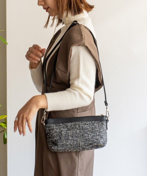 ポシェット付き2wayツイードトートバッグ