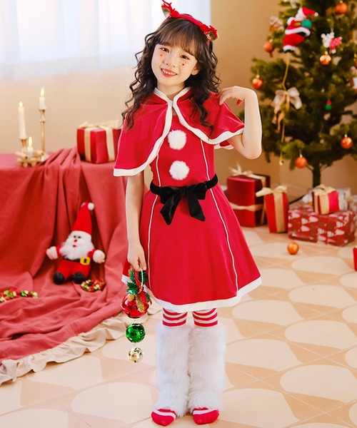 キッズ コスプレ クリスマスサンタ ケープ付きワンピース