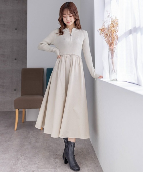 clear（クリア）の「布帛切替ハーフジップニットワンピース≪2024SS新作≫（ワンピース・レディース・ベージュ/ブラック・F）」の12枚目の写真