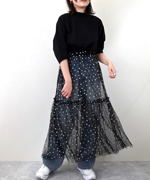 STYLEBLOCK（スタイルブロック）の「チュールドットフロッキーギャザーフレアスカート（スカート・レディース・ブラック×ブラック/ホワイト×ブラック/ホワイト系その他/ブラック×ホワイト・M）」の8枚目の写真