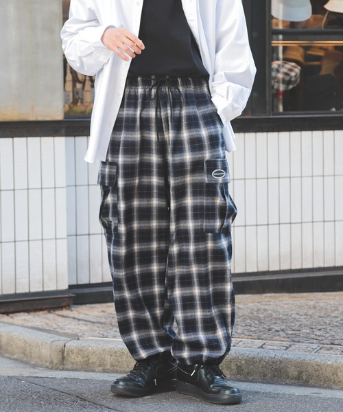 ◆ワイドパンツ ボトムス グレンチェック サイドポケット LUXSTYLE パンツ グレンチェックストレッチワイドパンツ メンズ