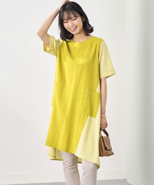 BELLUNA PLUS(ベルーナ)の「ストライプ切替ポケット付ワンピース(ワンピース・レディース・ネイビー/イエロー/セージグリーン・MEDIUM/LARGE/X-LARGE)」の6枚目の写真