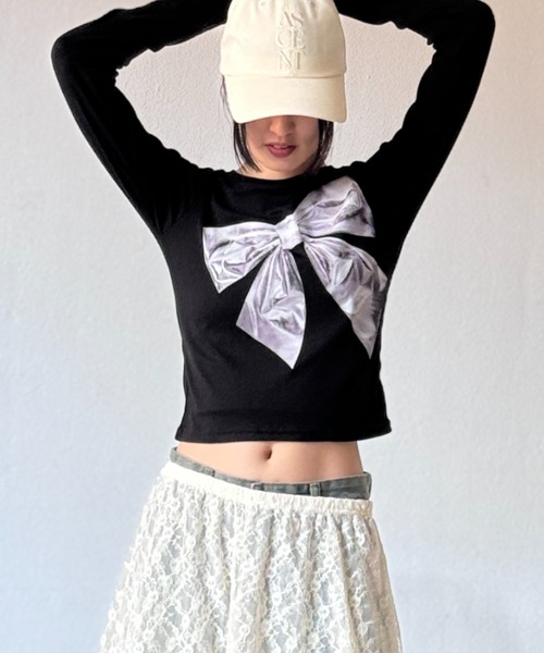 Y2K SYNAPSE FACTORY（ワイツーケー シナプスファクトリー）の「メタルリボンTS（Tシャツ/カットソー・レディース・ブラック/ピンク・FREE）」の13枚目の写真