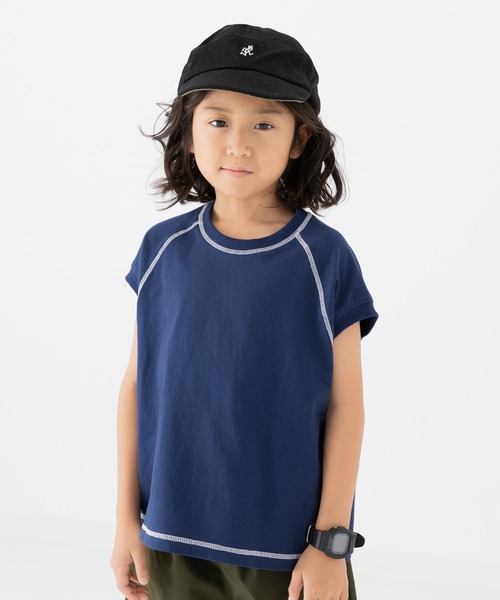 JAM & LINK(ジャムアンドリンク)の「配色ステッチ ワイドフレンチスリーブTシャツ(Tシャツ/カットソー・キッズ・ネイビー/ターコイズブルー/ブラック/ピンク/ホワイト/オートミール/パープル・90cm/100cm/160cm/150cm/140cm/130cm/120cm/110cm)」の4枚目の写真
