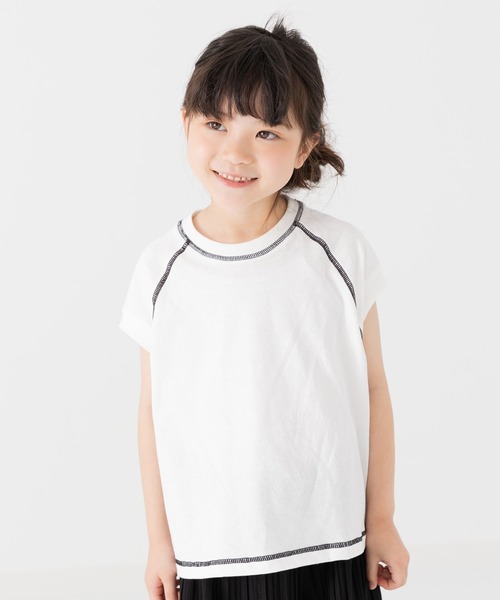 JAM & LINK(ジャムアンドリンク)の「配色ステッチ ワイドフレンチスリーブTシャツ(Tシャツ/カットソー・キッズ・ネイビー/ターコイズブルー/ブラック/ピンク/ホワイト/オートミール/パープル・90cm/100cm/160cm/150cm/140cm/130cm/120cm/110cm)」の1枚目の写真