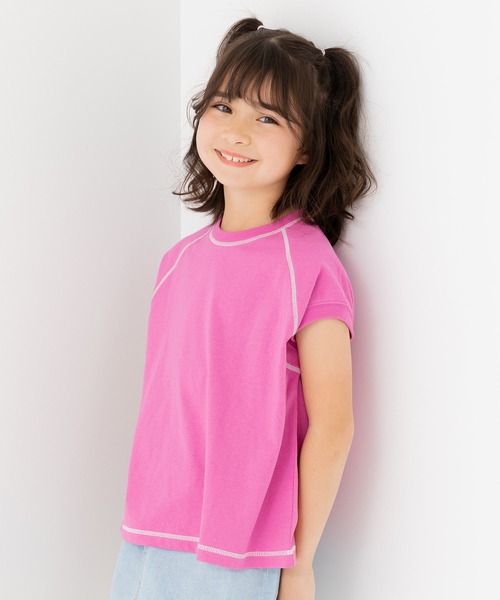JAM & LINK(ジャムアンドリンク)の「配色ステッチ ワイドフレンチスリーブTシャツ(Tシャツ/カットソー・キッズ・ネイビー/ターコイズブルー/ブラック/ピンク/ホワイト/オートミール/パープル・90cm/100cm/160cm/150cm/140cm/130cm/120cm/110cm)」の7枚目の写真